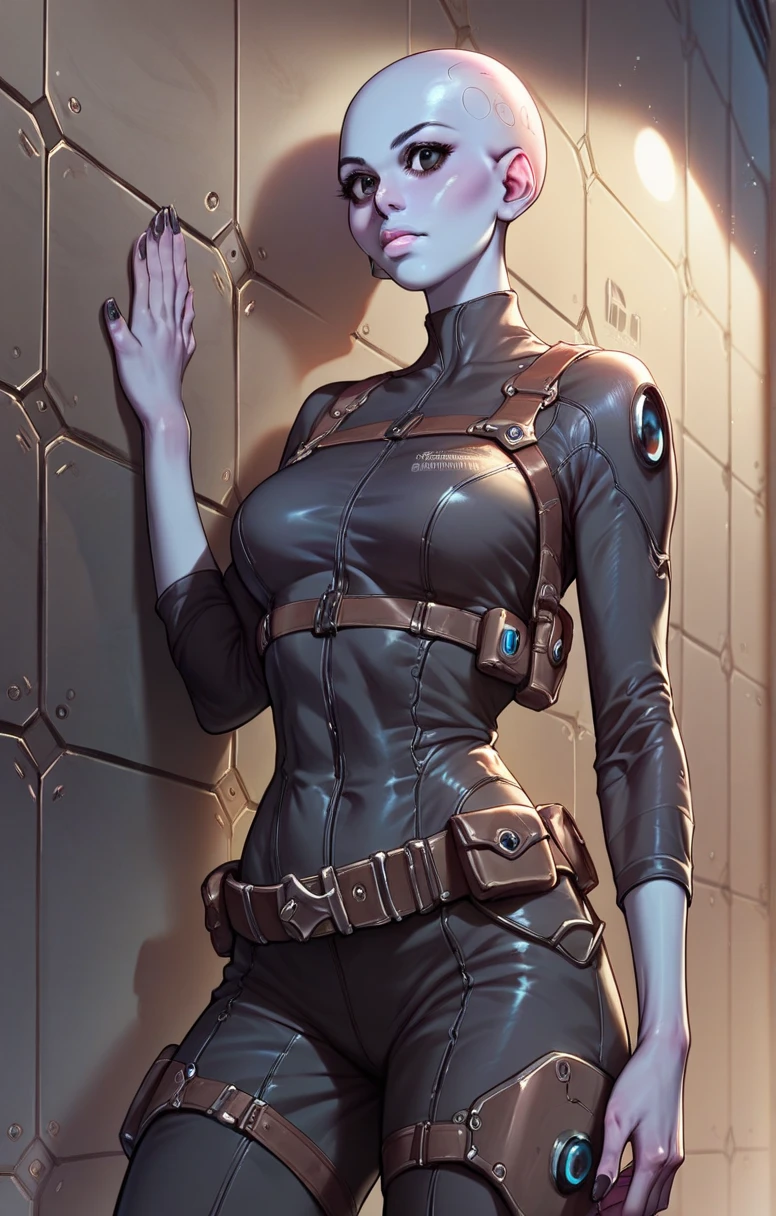 Nebula, an attractive woman, blue skin, bald head, black eyes, wearing a black, tattered padded jumpsuit, with pads, belt, straps and tools standing in dark spaceship, leaning on wall, close POV (anime aesthetic) cleavage, 