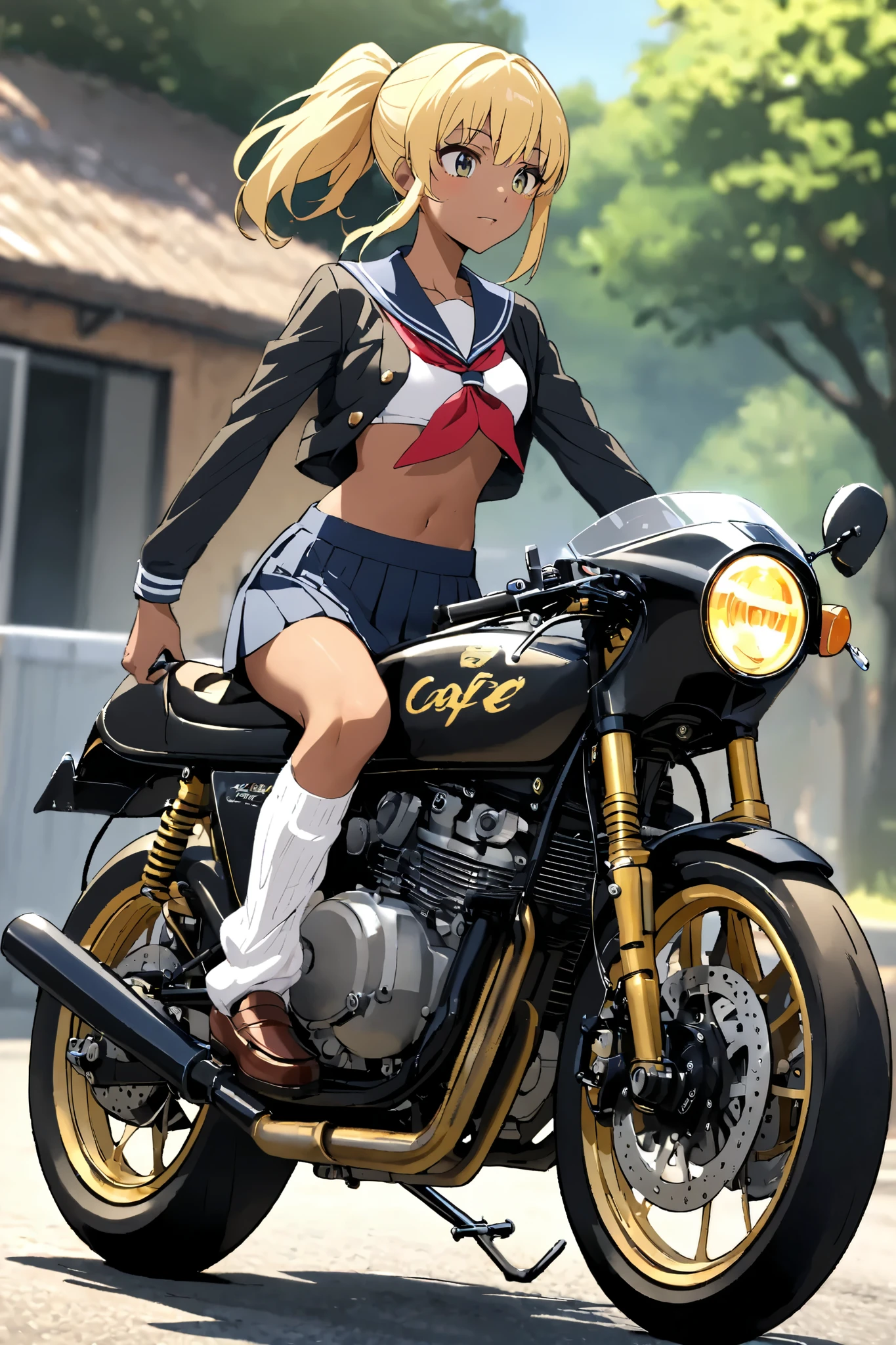 1 high school girl rides a motorcycle tuned to cafe racer specifications,  sailor suit, loose socks, loafers, glossy brown skin, small breasts, video, Yellow Hair, ponytail, 