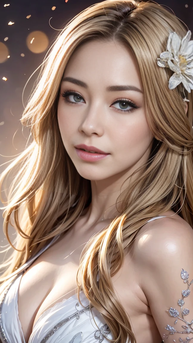 1 woman, Detailed gorgeous face, delicate features, long flowing hair, beautiful eyes, elegant expression, complex gem, detailed skin, Porcelain complexion, heavenly beauty, elegant pose, fantasy setting, shining light, Dreamlike atmosphere, movie lights, (best quality,4K,8k,mackerel,masterpiece:1.2),very detailed,(realistic,photorealistic,photo-realistic:1.37),vivid colors, digital painting