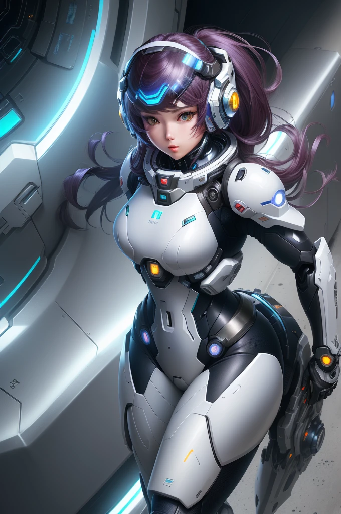 animesque，cyber-punk，a beauty girl，Stand in front of the mech，Domineering，purple color  hair