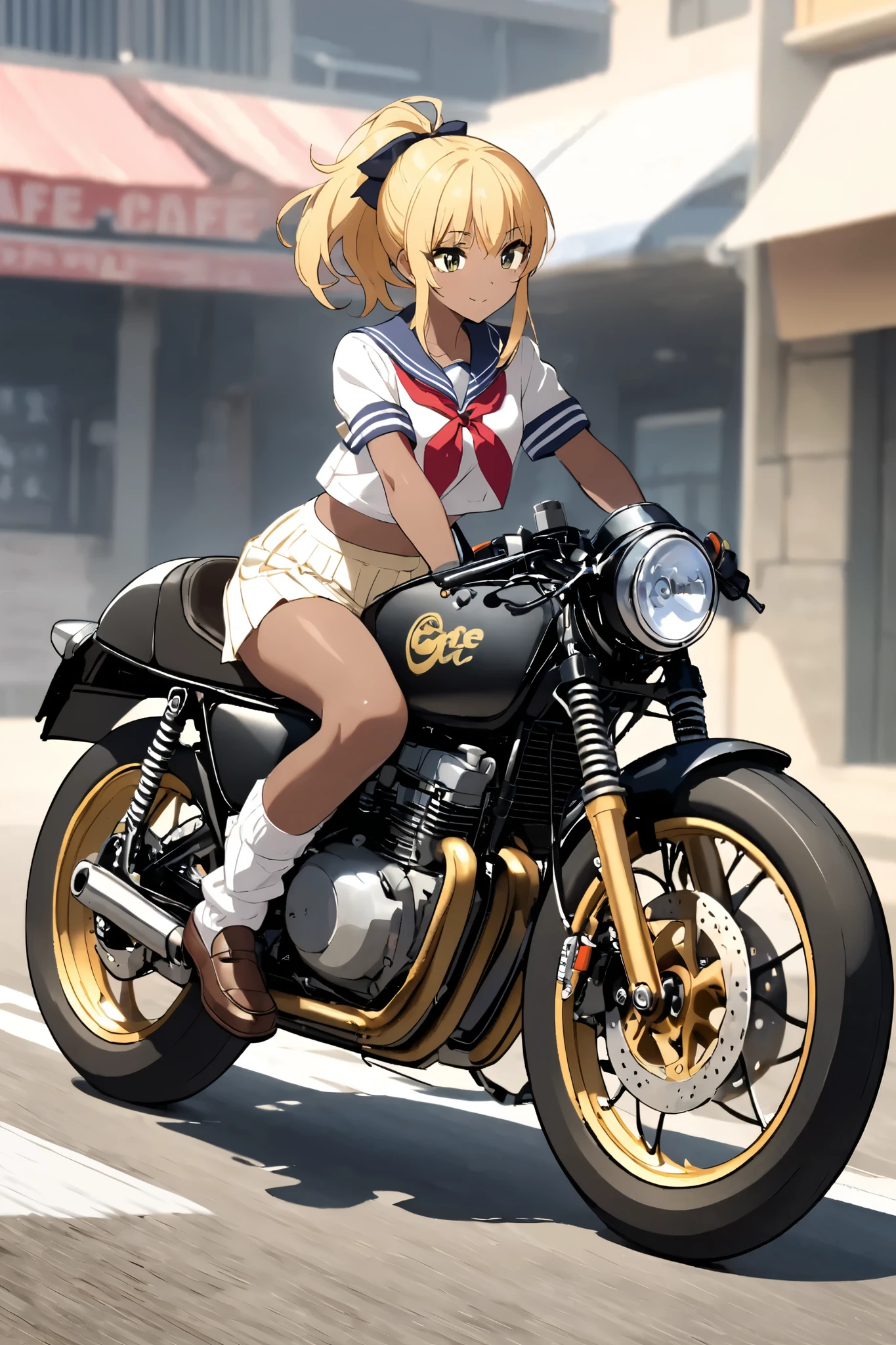 1 high school girl rides a motorcycle tuned to cafe racer specifications,  sailor suit, loose socks, loafers, glossy brown skin, small breasts, video, Yellow Hair, ponytail, 