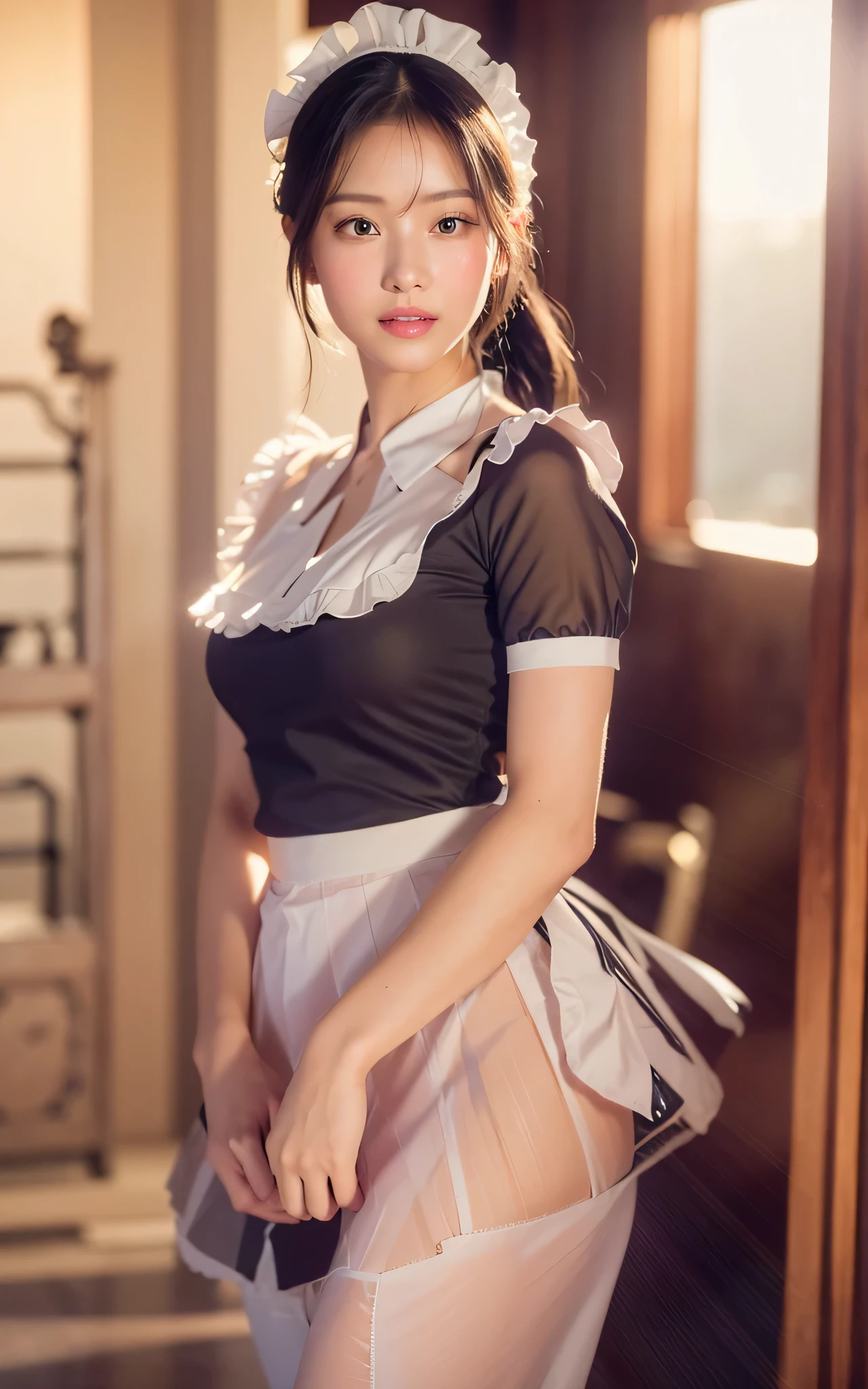 (grin widely:1.2), (8k, RAW photo, best quality, masterpiece:1.2), (realistic, photo-realistic:1.4), stunningly beautiful young woman, perfect symmetrical face, smooth flawless skin, almond-shaped eyes, long eyelashes, full glossy lips, soft natural blush, luminous complexion, photorealistic details, cinematic lighting, sharp focus, glowing beauty, captivating expression, subtle makeup, youthful Japanese girl, soft pink lips, hydrated glow, warm undertones, soft lighting, realistic shadows, translucent skin, lifelike reflections, artistic precision, captivating gaze, (maid costume:1.5), intricate lace patterns, luxurious silk textures, vibrant jewel tones, refined elegance, graceful pose, enchanting presence, warm ambient light, soft shadows