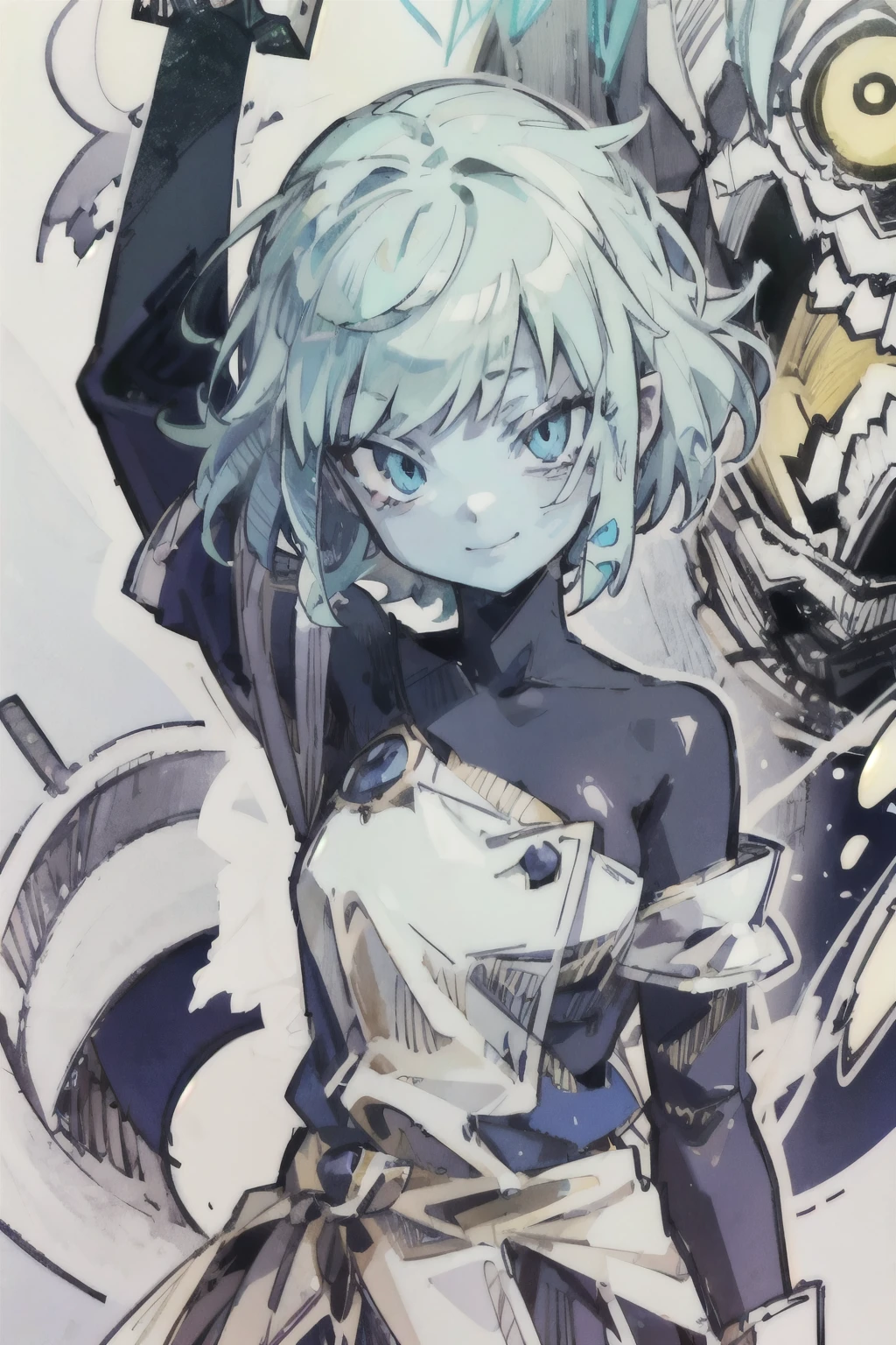 { 4k wallpaper : illustration : beautiful detailed eyes } { dark art, horror, thick outlines, in_otaku's_messy_room : semi-monochrome} { 1girl : {Aeos, 1girl, short hair, blue hair, colored skin, blue skin : cute_face : : Perfectly_shaped_breast : Perfectly_fit_body : : gesugao_smile : naked } { : looking_at_viewer : : seductive_smile : : dynamic_pose } {penSketch_style, ink sketch, abstract background}