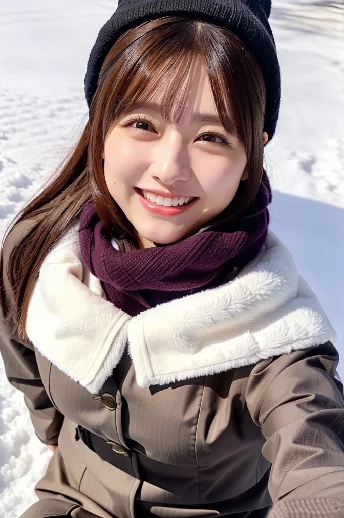 (masterpiece, best quality, perfect anatomy, highres, 8k, realistic, photorealistic, natural skin texture, no makeup:1.2), 1girl, solo, Japanese, female university student, age20, very cute, winter, (very cold day),
 (There is snow on the ground, she is lying on her back on the snow and laughing:1.5), (large breasts:1.2), (perfect figure), thigh, earth-colored winter clothes, mini skirt, knit  hat, scarf, black pantyhose, glove, from above, snap shot, fullbody shot, sun lighting, jp idol, erogao, tanukigao