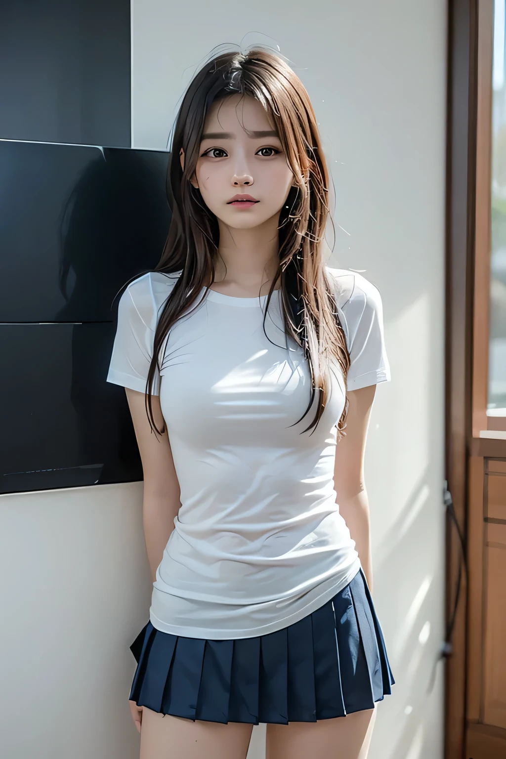 8K、Detailed Description、Very high definition、Realistic、reality的、Real、live-action、reality、High resolution、Nogizaka46、japanese idol,beautiful girl、21 years old、Are standing、Angle from left side、profile、Turn your body towards the window、Looking out the window、A melancholic look、Mouth closed、ponytail、Knee-up-top angle of view、School、Standing by the window、Short sleeve shirt、Beige plaid skirt、Very black hair、pretty girl、Beauty、Glowing Skin、Glowing Skin、Shiny Hair、Very white skin、Heavy makeup、Large Breasts、Slit eyes、Big Eyes、Double eyelids、Don't show your teeth、Side view angle、