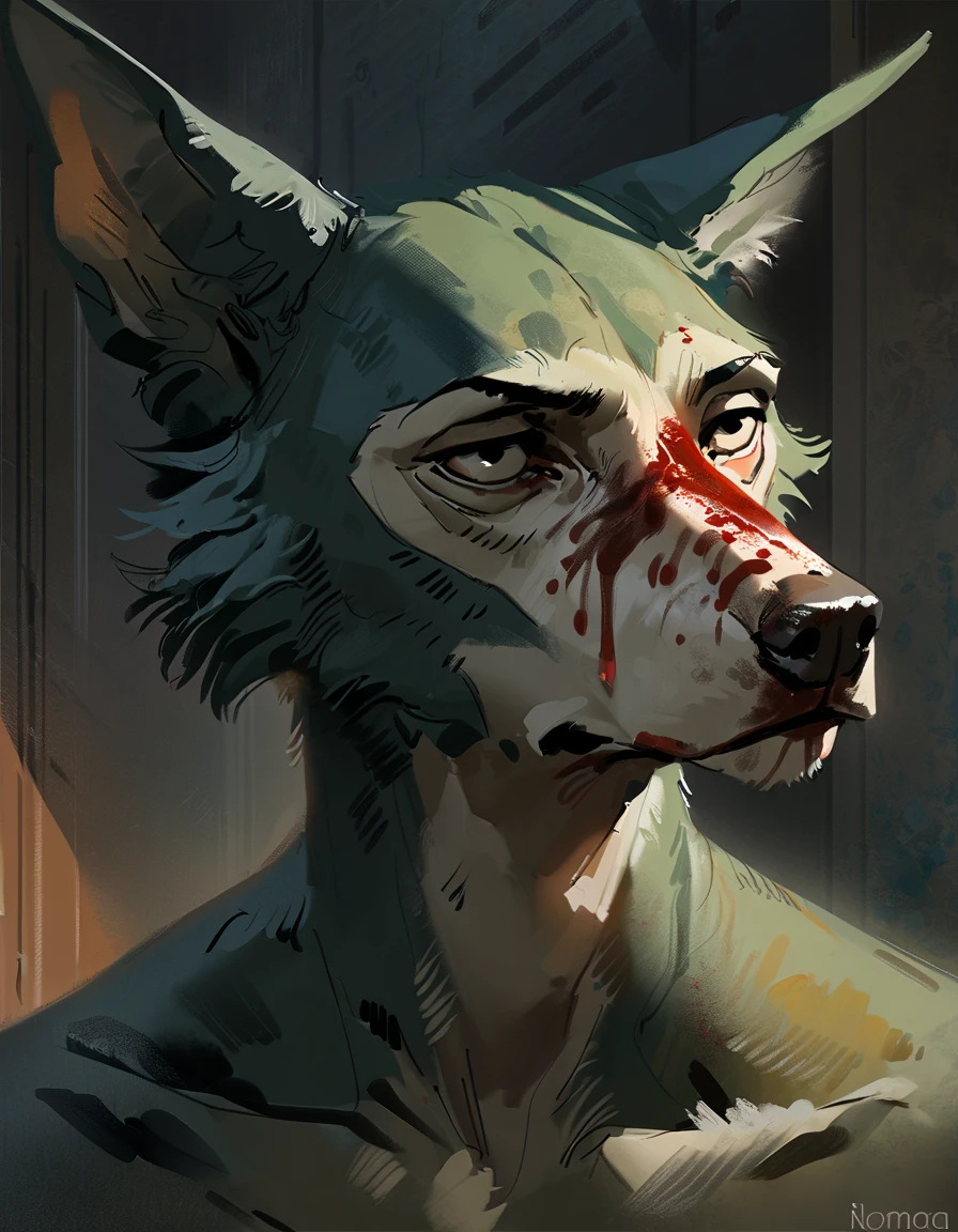 (legoshi) (beastars), (solo), male, anthro, (by seyorrol, by Nomax), (tail:1.3), depressed expression, (dark apartment background, gloomy, sad atmosphere), (naked), realistic shading, dark lighting, mysterious shadows, night scene, (epic, masterpiece, high quality, 8k, ultra HD, absurd res, top quality, best quality, max quality, masterpiece), staring intensely, central framing, headshot, ((blood splatter on face and head, blood soaked fur)), (realistic eyes),