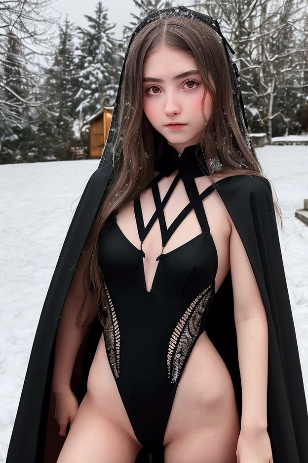 1 teen girl, teenager(1.3), age 13, pale skin, black hair , evil, angelical face, teen girl body, very small breasts, monokini with cape, dress with christian cross in monokini style, background in snow
