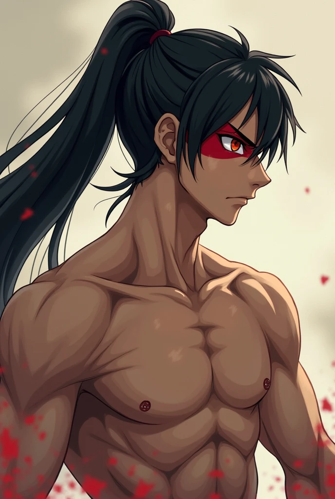 Kimetsu no Yaiba style Thunder Hashira, hot shirtless muscular man wearing black pants, big eyebrows, black hair with red streaks in a long ponytail, handsome Japanese man, bracelets, normal pecks, anime coloring, high contrast, dark colors, dark lighting, simple color scheme, ((masterpiece))
