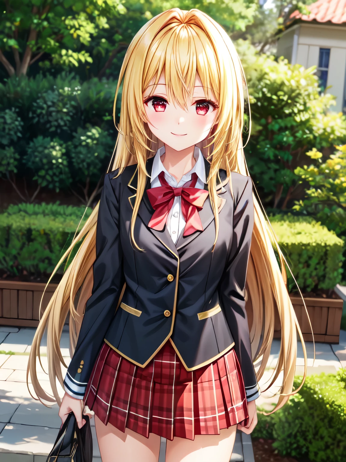 Anime girl in school uniform with long blonde hair and a red bow ...