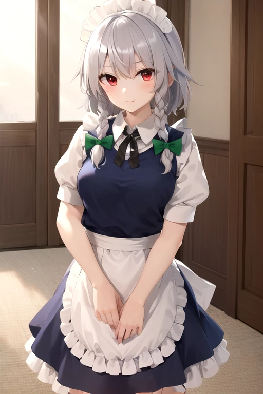   Masterpiece ,  top quality,  high definition ,   one girl, Alone, Sakuya 1,  Sixteen Night Sakaki Night , Maid, red eyes, Grey Hair, indoor,((Izayoi Sakuya  Sixteen Night Sakaki Night  / Touhou Project)) 