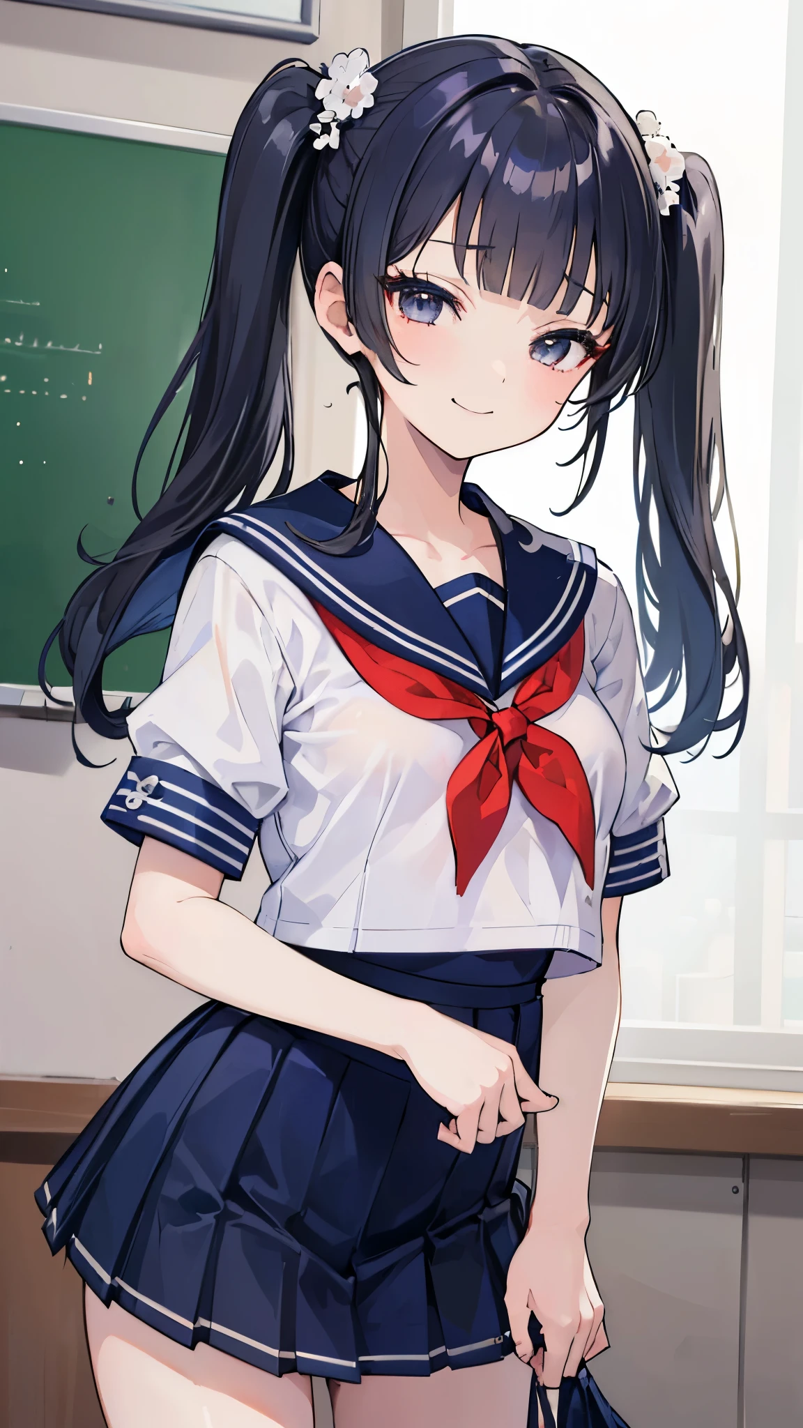 (8K、Highest image quality、highest quality、masterpiece)、detailed face、1 girl、black hair、long hair、twintails、blunt bangs、light blue eyes、evilsmall、grin、earrings、Moderate chest、((serafuku:1.1))、long sleeve、((school swimsuit))、cowboy shot、((classroom background))