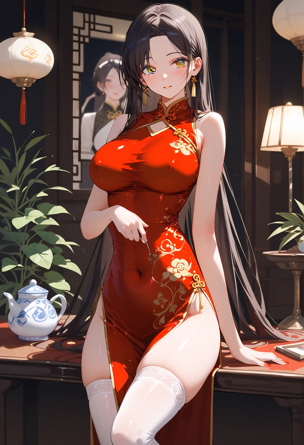 Highest quality, masterpiece, 1girl, solo, white long hair, parted bangs, grey eyes, chinese dress, slim waist, shiny skin, (long dress), (tight dress), (ying and yang dress), (clothed), red dress, large breasts, nipples outline, thighs, thigh highs, tea shop background, Chinese background, beautiful lighting, shy expression