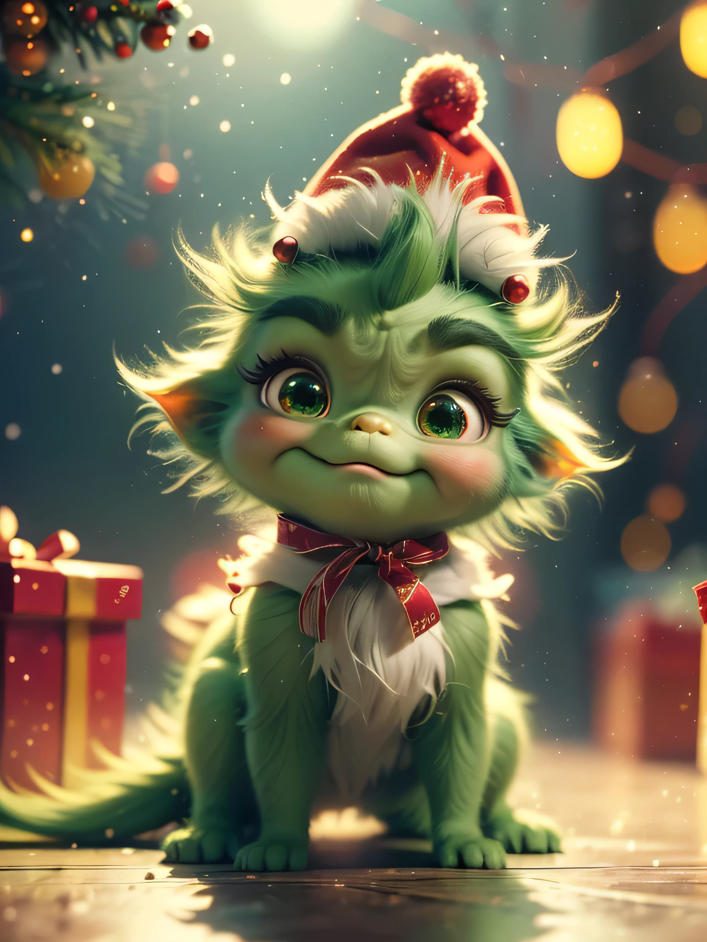 (Best Quality, Super Detail, Masterpiece, Representative Work, Official Art, Professional, Super High Detail, 8k:1.3), (Full Body) Very cute baby Grinch crawling around with other baby Grinches, they all have Santa outfits on, one has a sign saying Where is Santa. Hyperrealistic, splash art, concept art, mid shot, intricately detailed, color depth, vivid colors, dramatic, 2/3 face angle, side light, colorful background. Xmas lights in background and Xmas tree. Christmas theme, blurred background, fantasy, Gouves style artwork, realism: 1.37, (super fine fantasy art), masterpiece, high quality design and accurate physics (super accurate fantasy style)) art, dark fantasy style)), super accurate design and accurate physics), color, depth of field, shadows, ray tracing, (accurate simulation of the interaction of light and materials)], intricate Christmas decorations, glowing garlands, sparkling decoration, natural light, soft background, photorealistic, sparkling eyes, sharp focus, glowing skin, cute and mischievous look, hint of mischief, dreamy atmosphere, Super glossy effect, delicate details, soft ambient light, (Backlight:1.3), (Cinematic:1.2), intricate details, (ArtStation:1.3)