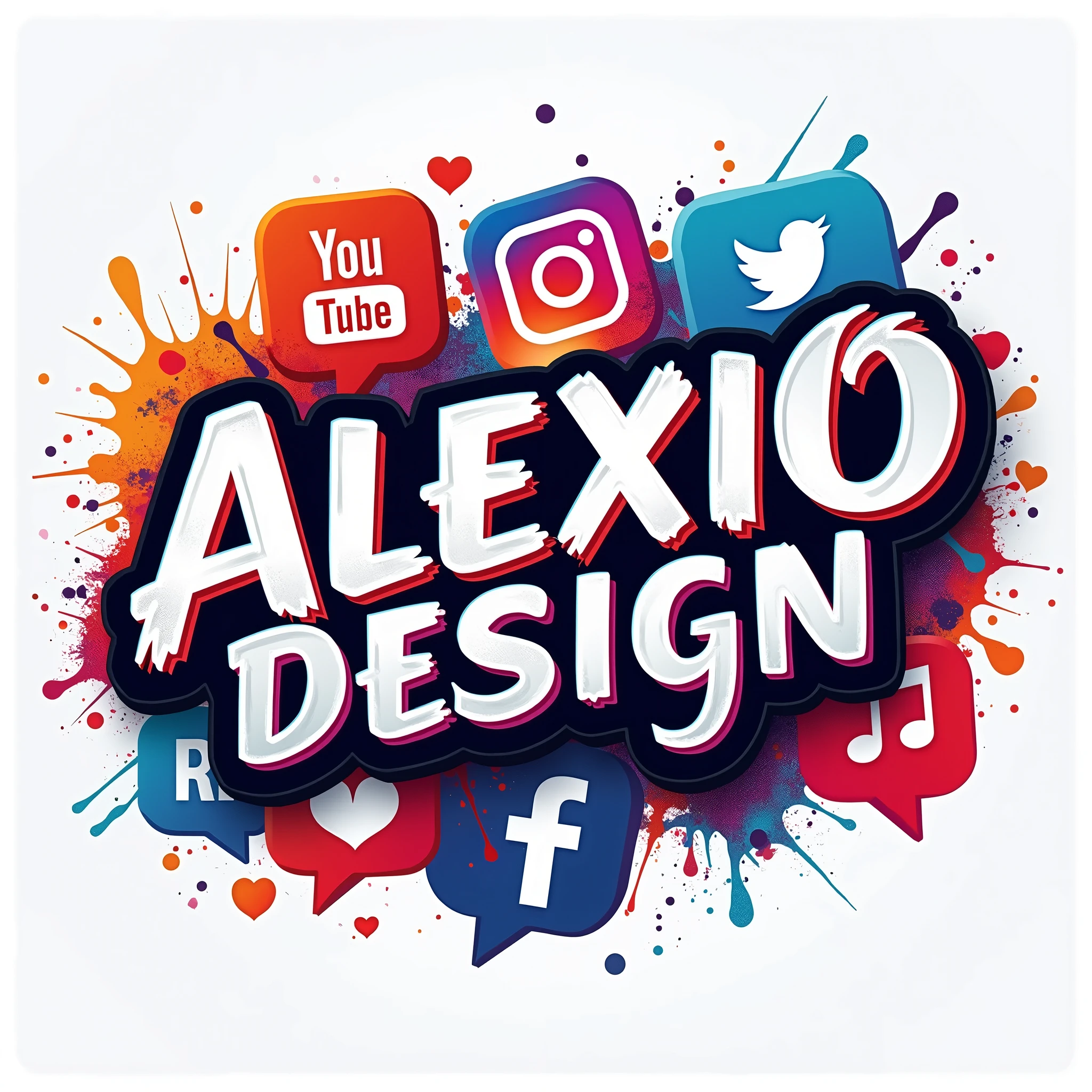  Create an image that says . ALEXIODESIGN  ,,  with a creative font with somewhat striking , strong colors ,  behind the text add the logos of the main social networks ( FACEBOOK INSTAGRAM TIKTOK MESSENGER  ) ,  also add the logos of the main social networks , just add the logos ,  don't add the names  