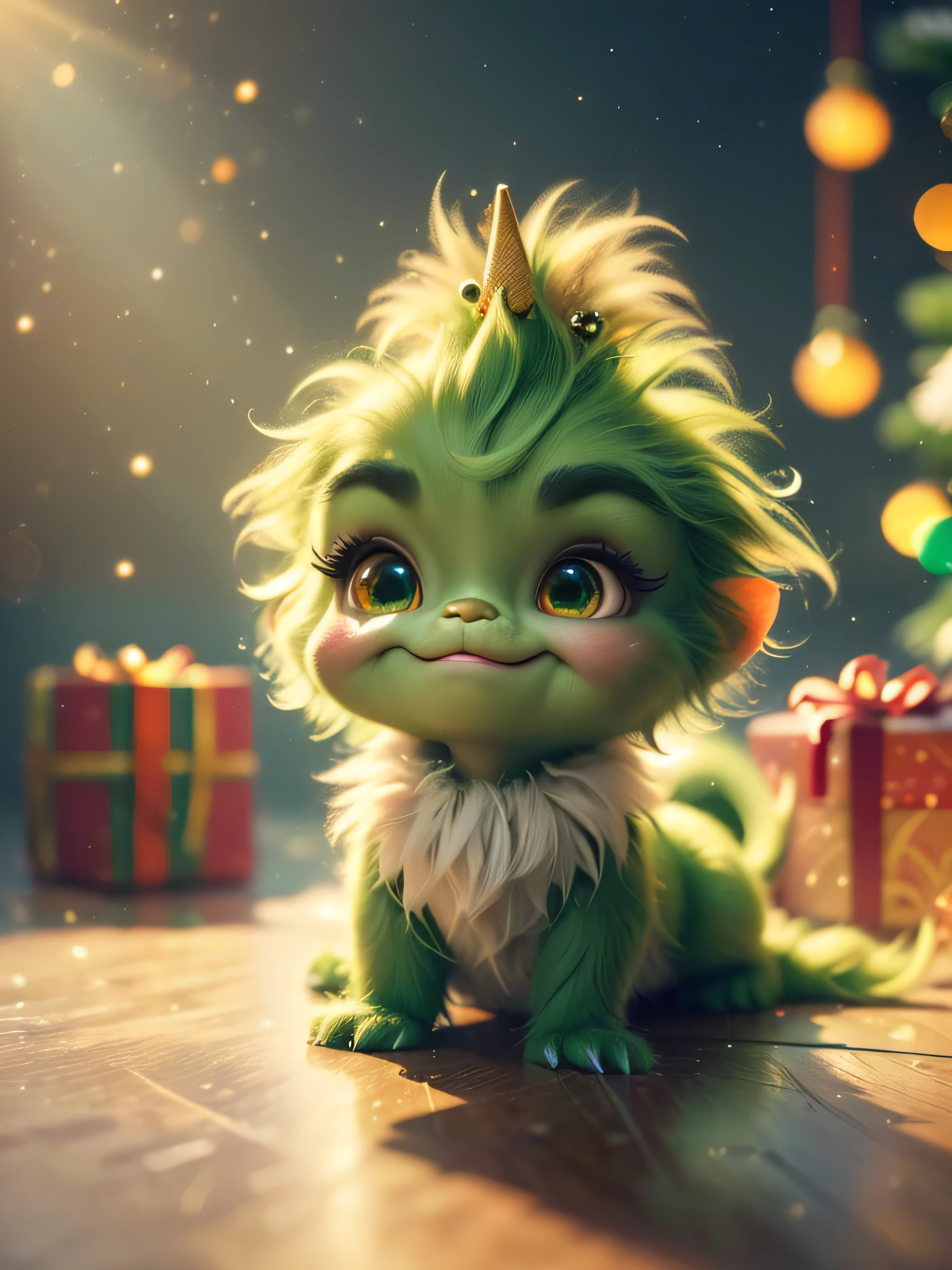(Best Quality, Super Detail, Masterpiece, Representative Work, Official Art, Professional, Super High Detail, 8k:1.3), (Full Body) Very cute  Grinch crawling around with other babynches, they all have Santa outfits on, one has a sign saying Where is Santa. Hyperrealistic, splash art, concept art, mid shot, intricately detailed, color depth, vivid colors, dramatic, 2/3 face angle, side light, colorful background. Xmas lights in background and Xmas tree. Christmas theme, blurred background, fantasy, Gouves style artwork, realism: 1.37, (super fine fantasy art), masterpiece, high quality design and accurate physics (super accurate fantasy style)) art, dark fantasy style)), super accurate design and accurate physics), color, depth of field, shadows, ray tracing, (accurate simulation of the interaction of light and materials)], intricate Christmas decorations, glowing garlands, sparkling decoration, natural light, soft background, photorealistic, sparkling eyes, sharp focus, glowing skin, cute and mischievous look, hint of mischief, dreamy atmosphere, Super glossy effect, delicate details, soft ambient light, (Backlight:1.3), (Cinematic:1.2), intricate details, (ArtStation:1.3)