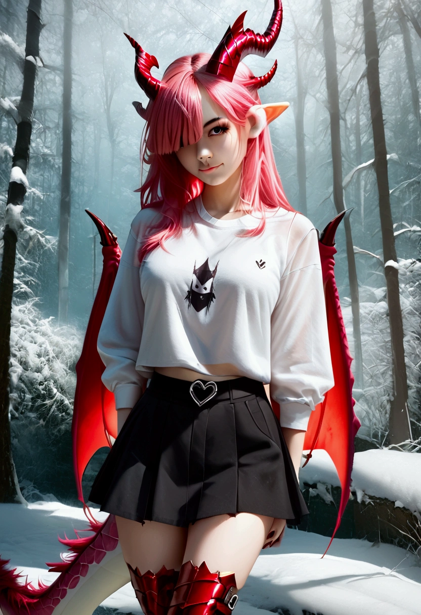 Dragon girl, emo, with metallic pink hair, with a lock covering one eye, black eye sockets, girl's face, body full of red and pink dragon scales, wearing a white long-sleeved shirt and a short black skirt, with her dragon wings spread out