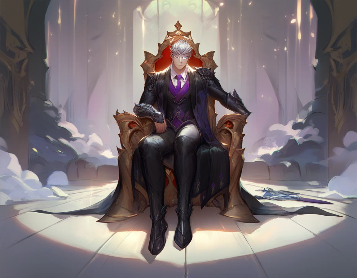 score_9, score_8_up, score_7_up, ShenNormal, 1man, solo, Black suit with purple tie and silver details, metal plates, glowing eyes, sword behind back, fullbody, sitting on throne, japan dojo, fantasy, 