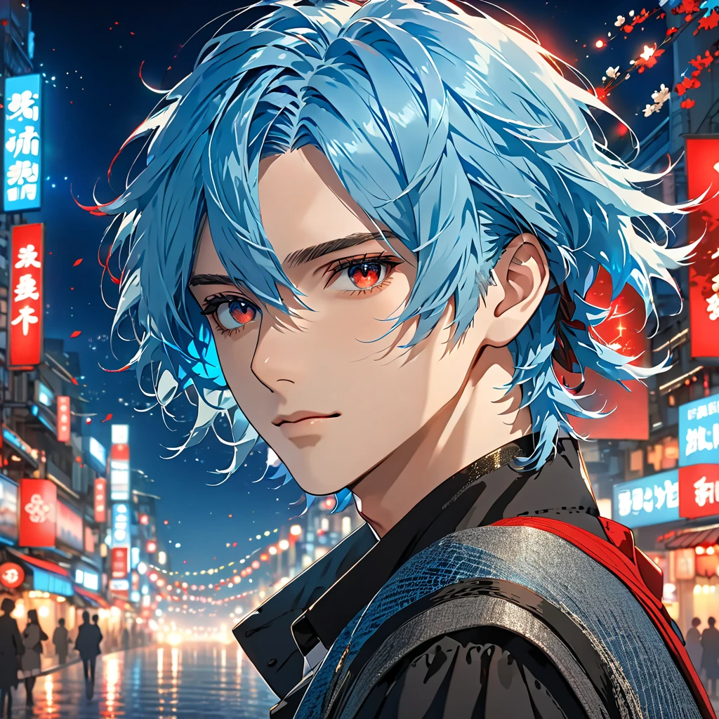 night CITY is background, alone, high definition ,  best quality,  textured skin, hair that flutters like, Blue Hair/Light blue hair, Red eyes,  eyes sparkle, youth, handsome,ショートカット, もみあげ, 