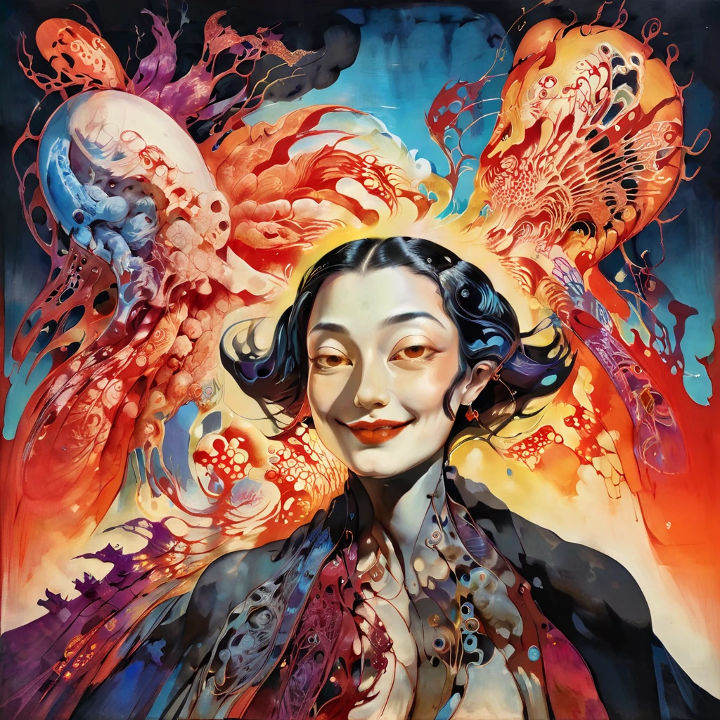 (vibrant cyberpunk-hued colors:1.4), dark and moody, (Victo Ngai inspired head and shoulders shot, ink wash, toon rendering of a beautiful Costa Rican woman smiling, colorful background with orchids and jellyfish) by Anita Bathe, Phil Lashio, Seymour Buttz, Wilma Dickfit, epic clouds, Unreal Engine, octane rendering, high quality, high resolution, high precision, realistic, color correction, good lighting settings, low noise, sharp edges, harmonious composition, award-winning work, surrealism, dark art by james jean and takato yamamoto , snakes in hairs 