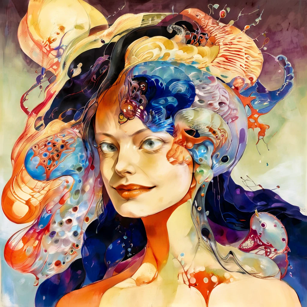 (vibrant cyberpunk-hued colors:1.4), dark and moody, (Victo Ngai inspired head and shoulders shot, ink wash, toon rendering of a beautiful Costa Rican woman smiling, colorful background with orchids and jellyfish) by Anita Bathe, Phil Lashio, Seymour Buttz, Wilma Dickfit, epic clouds, Unreal Engine, octane rendering, high quality, high resolution, high precision, realistic, color correction, good lighting settings, low noise, sharp edges, harmonious composition, award-winning work, surrealism, dark art by james jean and takato yamamoto , snakes in hairs 