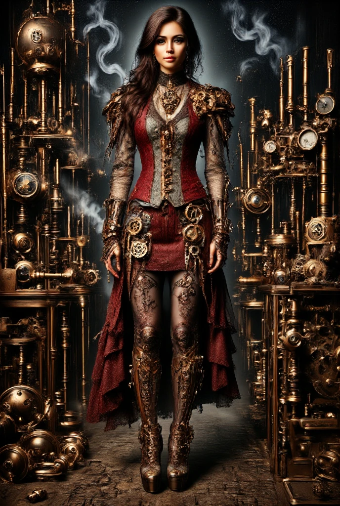 ((masterpiece)) ((photography)) ((Highest quality)) A steampunk witch with long black hair, staring intensely with amber eyes, poised and mysterious. She wears a short, form-fitting red dress adorned with intricate gear patterns, elegant high heels, and lace stockings. Oil painting in the style of Brom. Rich and dark color palette; deep blues, blacks, and golds; sparkling particles surrounding her; detailed lace texture on her dress; ornate background elements; dramatic lighting highlighting her features.