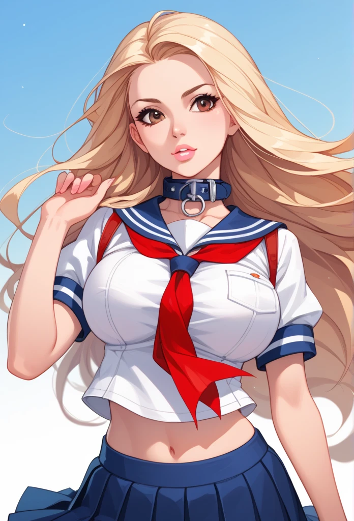 1girl, solo, masterpiece, best quality, (anime art style:1.0), long blonde hair, straight hair, soft pink lips, white French Baret  on her head  a blouse with a sailor-style collar, featuring a large collar flap, paired with a black pleated skirt, short skirt, the blouse has a red ribbon tied at the front that loops through a collar attachment, with the most common colors being navy blue, round breasts, brown eyes