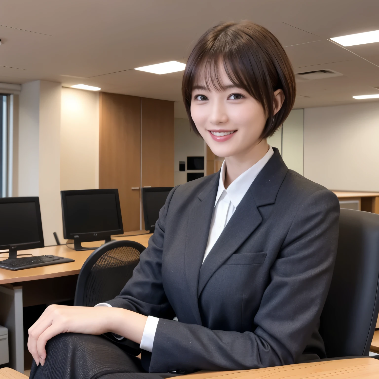 Best-quality, Masterpiece, Ultra-High-Resolution, (Photorealistic:1.4), Raw-Photo, at office, 1girl, 15-years-old, the most famous Japanese idol, extremely cute face like the most popular Japanese idol, extremely beautiful big-blackeyes, extremely beautiful short-cut-haired, extremely beautiful skins, extremely beautiful long-eyelashes, extremely beautiful lips, looking at viewer, innocent-smile, wearing business-suit, detailed office, detailed business-suit