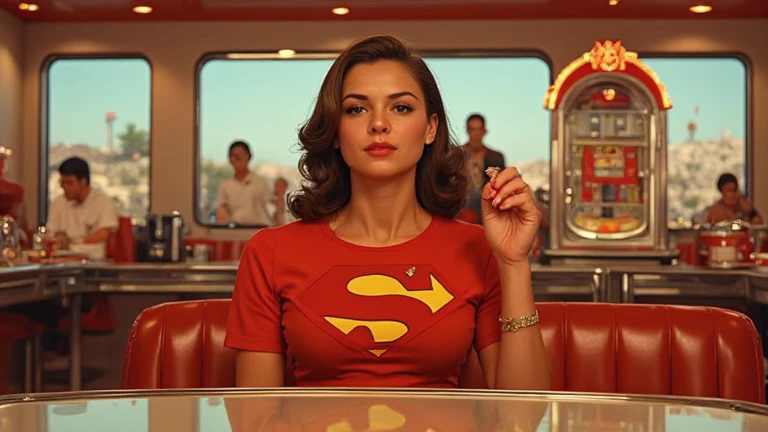 Superwoman Confronting Villains in a Diner
Inside a retro diner with polished chrome counters and red leather booths, Superwoman confronts a group of masked villains holding hostages. The warm, ambient light reflects off her vibrant suit, the bold "S" emblem drawing attention to her commanding presence. Her neckline, elegantly designed, adds a touch of realism to her heroic yet approachable figure. The tension is palpable as she raises a hand to signal calm to the terrified hostages, her other hand clenched in readiness. The cinematic atmosphere is heightened by the glowing jukebox in the corner, softly playing a nostalgic 1950s tune.