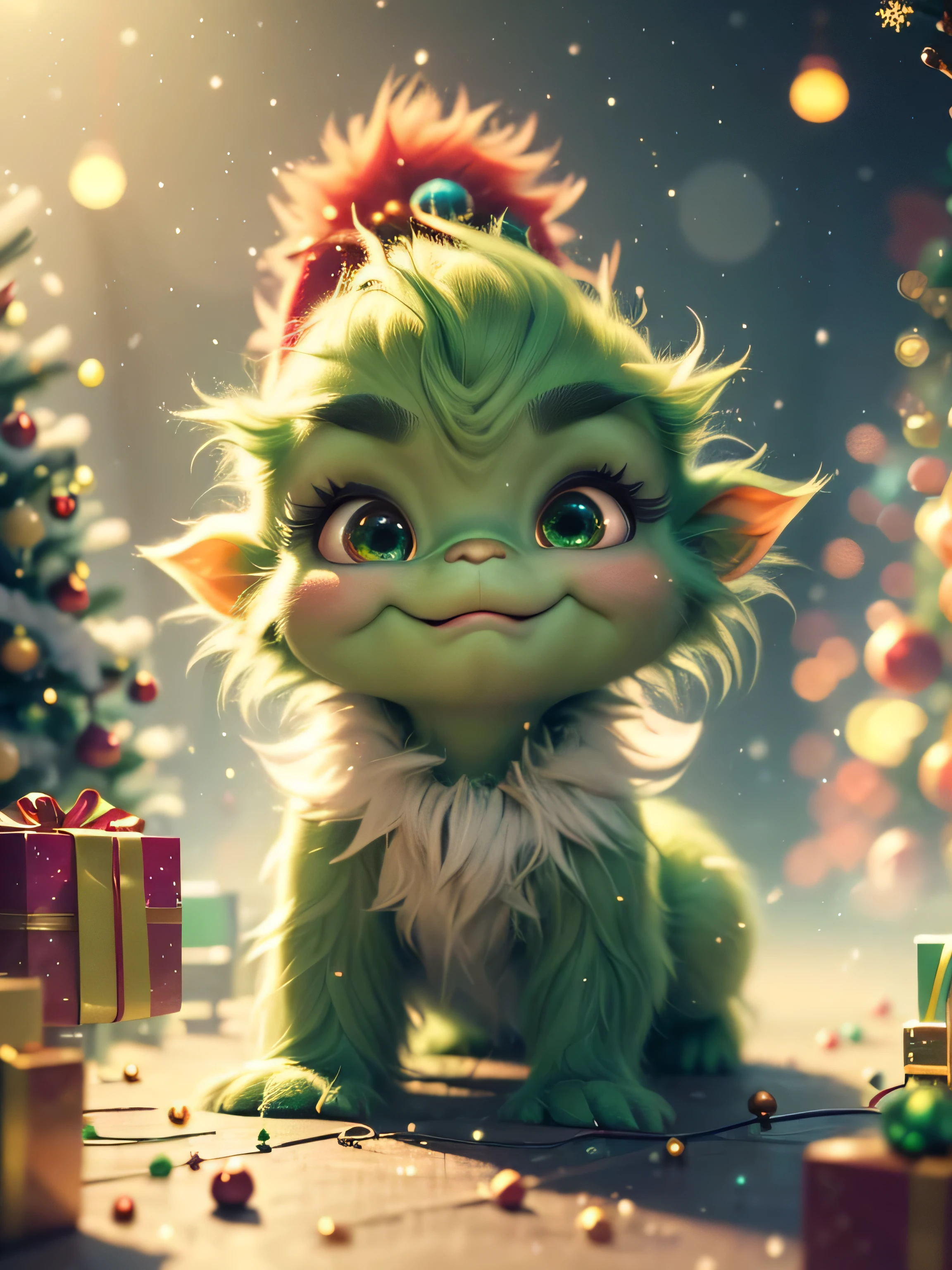 (Best Quality, Super Detail, Masterpiece, Representative Work, Official Art, Professional, Super High Detail, 8k:1.3), (Full Body) Very cute baby Grinch crawling around with other baby Grinches, they all have Santa outfits on, one has a sign saying Where is Santa. Hyperrealistic, splash art, concept art, mid shot, intricately detailed, color depth, vivid colors, dramatic, 2/3 face angle, side light, colorful background. Xmas lights in background and Xmas tree. Christmas theme, blurred background, fantasy, Gouves style artwork, realism: 1.37, (super fine fantasy art), masterpiece, high quality design and accurate physics (super accurate fantasy style)) art, dark fantasy style)), super accurate design and accurate physics), color, depth of field, shadows, ray tracing, (accurate simulation of the interaction of light and materials)], intricate Christmas decorations, glowing garlands, sparkling decoration, natural light, soft background, photorealistic, sparkling eyes, sharp focus, glowing skin, cute and mischievous look, hint of mischief, dreamy atmosphere, Super glossy effect, delicate details, soft ambient light, (Backlight:1.3), (Cinematic:1.2), intricate details, (ArtStation:1.3)