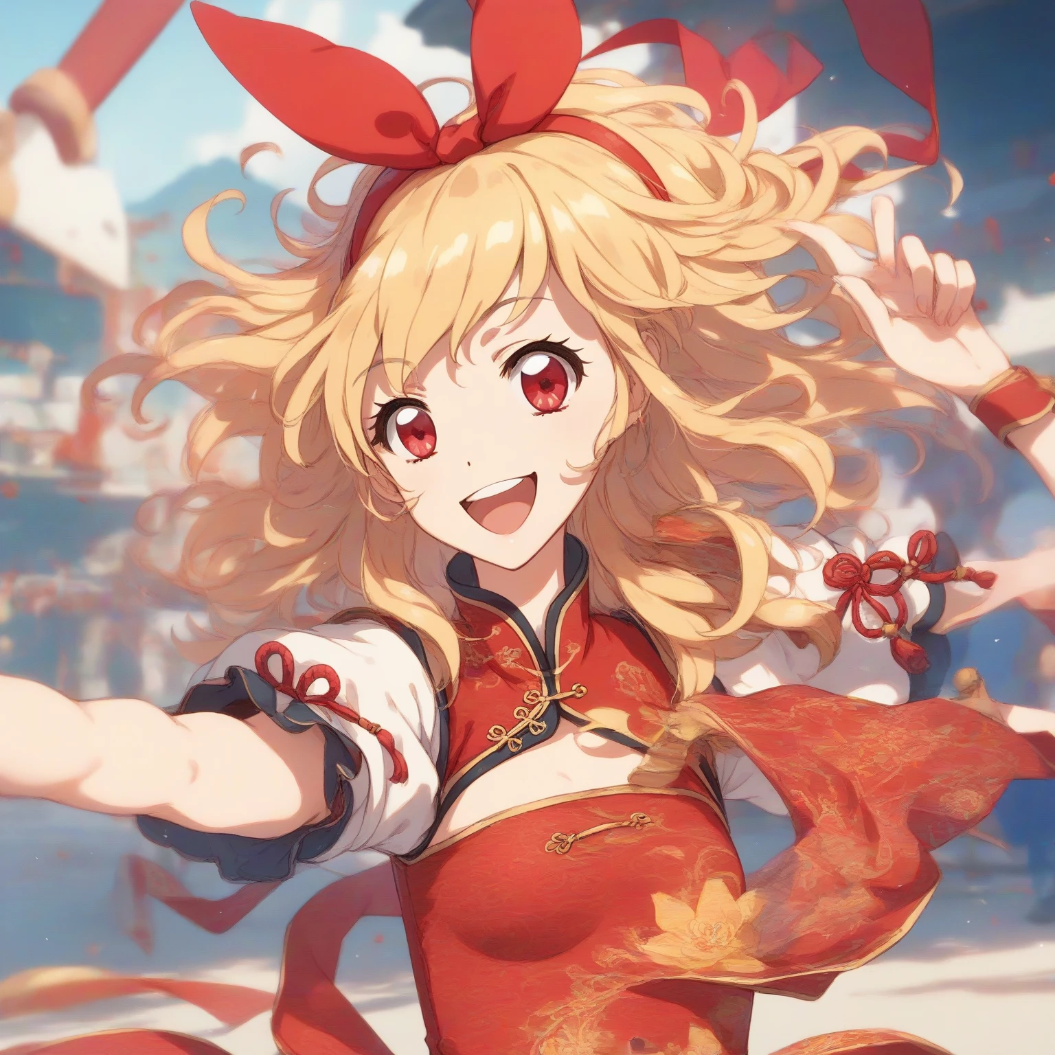 (RED Ribbon on HAIRband:1.2),(masterpiece, best quality), (bishoujo:1.3),UltraSmile, 1girl, ((looking_at_viewer)), depth of field,China Cheongsam, random Color Clothes
BREAK,
1girl,
,
red eyes,
Blonde hair,
BREAK,
(Fighting pause),
(full face),
(open mouth),
RED eyes,
smile,