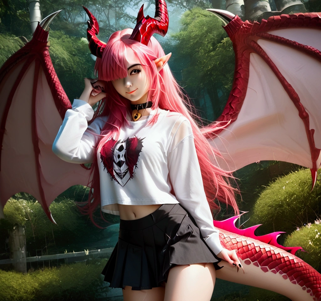 Dragon girl, emo, with metallic pink hair, with a lock covering one eye, black eye sockets, girl's face, body full of red and pink dragon scales, wearing a white long-sleeved shirt and a short black skirt, with her dragon wings spread out