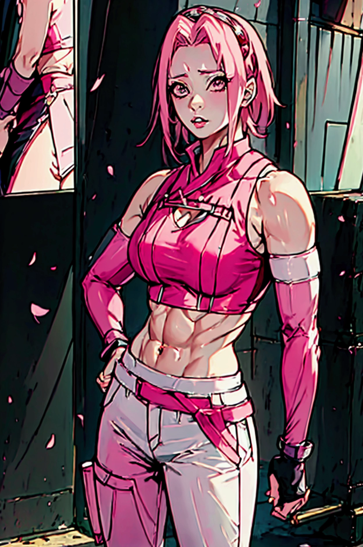  Sakura Haruno a pink crop top with the symbol of the Uchiha clan on her chest, white ribbed pants black boots , big chest abdomen marked in her 20s 