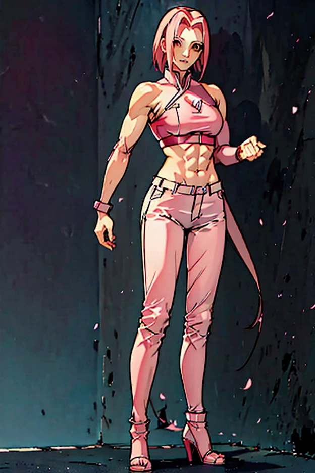  Sakura Haruno a pink crop top with the symbol of the Uchiha clan on her chest, white ribbed pants black boots , big chest abdomen marked in her 20s 