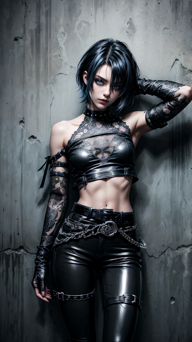 (Detailed illustrations, Very detailed and detailed drawing, Delicate lines with slow and rapid, Realistic texture expression), One woman with very short white hair with black tips, ( emo hairstyle, ), goth, pale white skin, evil smirk, (girls bedroom background), dark lighting, cold atmosphere, lore_Emma , blue eyes , dark eyeliner, (ultra dark glossy black lipstick), bored expression, gorgeous face , super cute, 18 years old , hyper detailed face, (super skinny figure , small breast, thin waist), back leaning against wall, one raised arm behind head, slim legs, slim hips, LowriseXL, (ultra low rise wet look shiny leather pants with transparent flower pattern), (mesh shirt with flower pattern under bare shoulder white t-shirt), black choker, vulva tattoo, (white lotus flower in hair), ((flower pattern tattoo)), fingerless leather gloves, (black nail polish), faded tattoo's, ((thigh belt)), ((hip chains)), ((belt hanging on hip)), ((many studded belts))