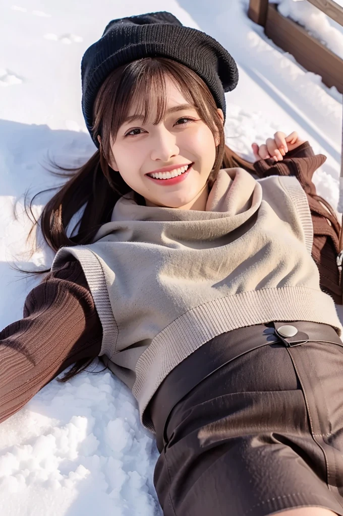 (masterpiece, best quality, perfect anatomy, highres, 8k, realistic, photorealistic, natural skin texture, no makeup:1.2), 1girl, solo, Japanese, female university student, age20, very cute, winter, (very cold day),
 (There is snow on the ground, she is lying on her back on the snow and laughing:1.5), (large breasts:1.2), (perfect figure), thigh, earth-colored winter clothes, mini skirt, knit  hat, scarf, black pantyhose, glove, from above, snap shot, fullbody shot, sun lighting, jp idol, erogao, tanukigao