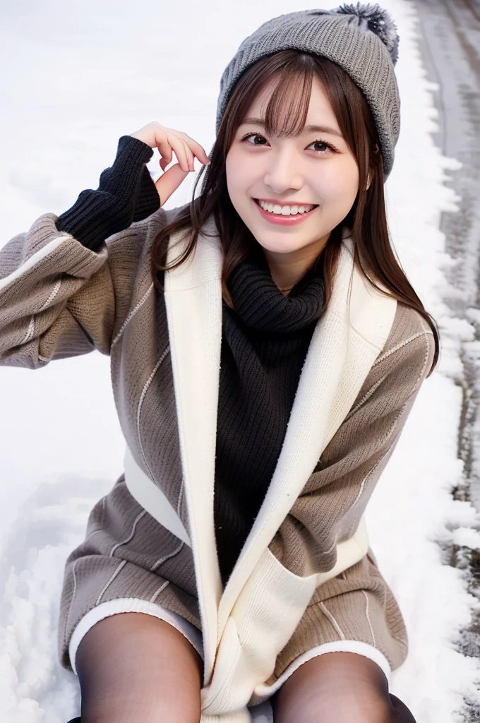 (masterpiece, best quality, perfect anatomy, highres, 8k, realistic, photorealistic, natural skin texture, no makeup:1.2), 1girl, solo, Japanese, female university student, age20, very cute, winter, (very cold day),
 (There is snow on the ground, she is lying on her back on the snow and laughing:1.5), (large breasts:1.2), (perfect figure), thigh, earth-colored winter clothes, mini skirt, knit  hat, scarf, black pantyhose, glove, from above, snap shot, fullbody shot, sun lighting, jp idol, erogao, tanukigao