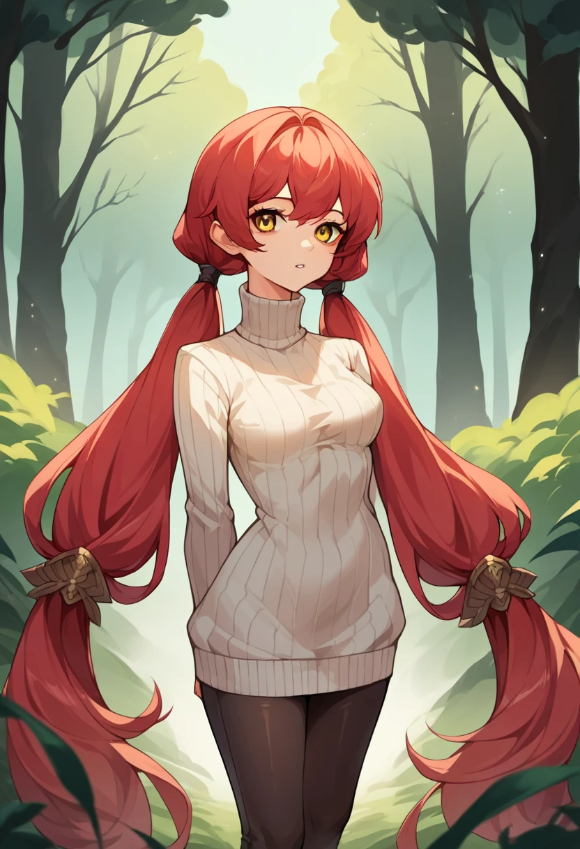 score_9, score_8_up, score_7_up, source_anime BREAK 1girl, looking at viewer, red hair, twin tails, turtleneck sweater, parted lips, yellow eyes, very long hair, standing, forest, outdoors, fantasy, leggings, sweater dress, wide hips