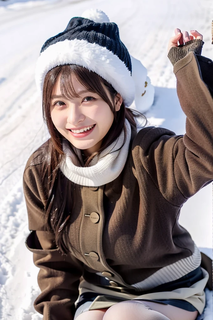 (masterpiece, best quality, perfect anatomy, highres, 8k, realistic, photorealistic, natural skin texture, no makeup:1.2), 1girl, solo, Japanese, female university student, age20, very cute, winter, (very cold day),
 (There is snow on the ground, she is lying on her back on the snow and laughing:1.5), (large breasts:1.2), (perfect figure), thigh, earth-colored winter clothes, mini skirt, knit  hat, scarf, black pantyhose, glove, from above, snap shot, fullbody shot, sun lighting, jp idol, erogao, tanukigao