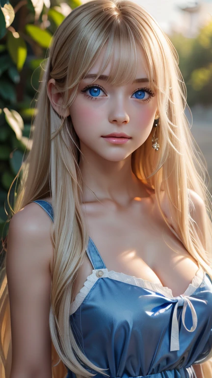 Woman with long blonde hair and blue eyes taking pictures, gorgeous young model, Portrait , beautiful female model, cute young woman, Very beautiful young woman, portrait of a beautiful model, Beautiful young girl, Beautiful young woman, a photography of a beautiful woman, face perfect, 18years old female model, Beautiful young face, Beautiful blonde girl, wearing a sexy night dress ,big cleavage
