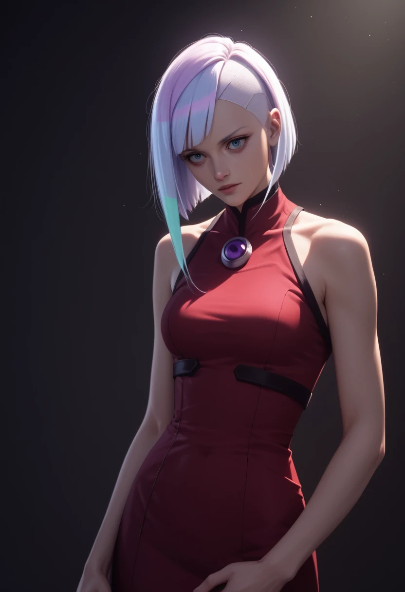 lucy, uma linda garota(best qualityer, ultra detali, photorrealistic: 1.39), bright and vibrant colors, studio lighting, romantic expression, sorriso sexy, short red dress, white hair with platinum undercut, breasts big, adjusting, shorth hair, mercenary