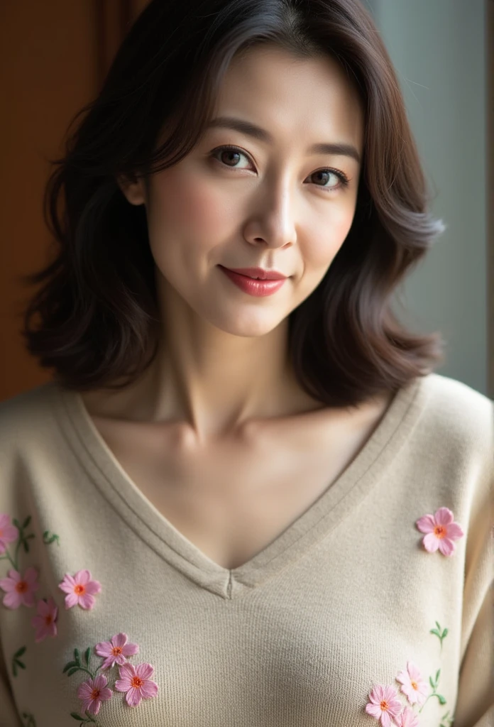 Mature Woman, ( detailed description of hair ), (Detailed description of the face), (Detailed description of the body), high definition , masterpiece,  top quality, ( high detail, formal: 1.4), ( realistic : 1.2, 超 realistic な: 1.1, Realistic: 1.37), ( sharp focus : 1.4),  depth of field,  physically-based rendering ,  sadistic, ((medium hair )) ,  unrivaled beauty , (Ultimate beauty), (48 years old,: 1.4), Japanese、(( Closeup :1.5))、 fine lines of laughter :1.2、(beige flower embroidery sweater:1.2)),(( blurry background))、