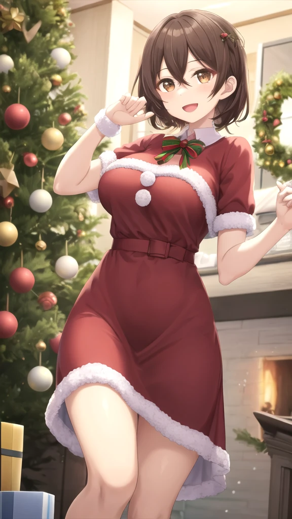 masterpiece, best quality, high quality, girl, solo, looking at viewer, mizuto_irido, brown eyes, brown hair, hair between eyes, large breasts, merry christmas Dress, standing, smile, open mouth,