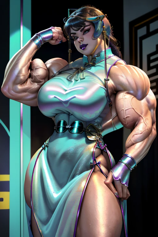 ((Close-up)), tall, ((cyan hair)) beautiful muscular woman, long hair, white skinned, (smirking), large breast, (black lipstick), (massive muscles), (hyper muscle), ((ginormous bulky muscles)), purple eyes, (((((metallic cheongsam dress))))), (fingerless gloves), choker, (thigh high boots), (in a neon city), 