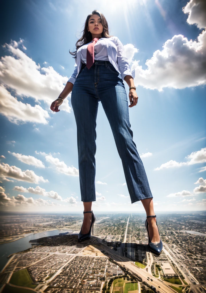  100 miles tall giantess stand upon a tiny planat, A sophisticated and stylish woman in a light navy perfectly smooth italian pinstriped trousers suit, form fitting crisp white shirt tucked neatly in trousers, and a blue paisley 10cm wide necktie in a windsor knot, tie length down to top of trousers, with a beautiful, curvaceous figure, massive breasts, and long blonde hair, with a curvaceous figure and massive breasts. wearing red rounded court shoes high heels with uncovered feet and standing, rampage-like pose, with a cityscape background of mega-city, urban sprawl, and small towns, partially obscured by a hazy, cloudy atmosphere. The image is a high-resolution, masterpiece-quality, cinematic, ultra-detailed, and hyper-photorealistic photograph, with perfect hands, face, and lighting. ultra-detailed, 8K, photo-realistic, hyper-realistic, masterpiece, intricate details, full body view. Looking at camera, The image is a high-resolution, masterpiece-quality, cinematic, ultra-detailed, and hyper-photorealistic photograph, with perfect hands, face, and lighting. ultra-detailed, 8K, photo-realistic, hyper-realistic, masterpiece, intricate details, full body view from below