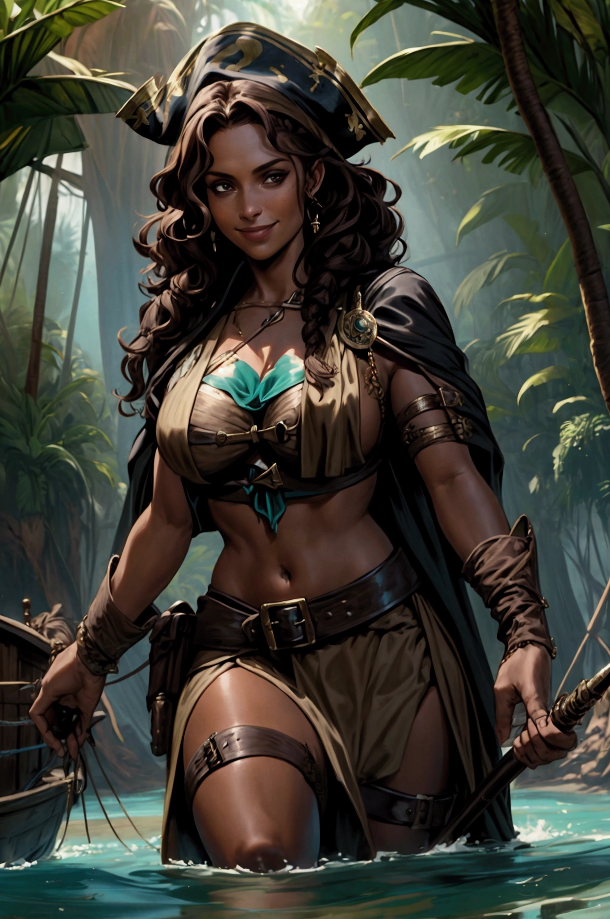 Style: "Prehistoric fantasy setting with a focus on authentic primitive clothing and accessories, reflecting the materials and craftsmanship of early human cultures." Solo woman portrait.
(Savannah Warrior Isanna is a beautiful prehistoric woman of the Negroid race.)
Face: Oval face with high cheekbones. The eyes are large, dark brown with a slight golden tint, the nose is wide with a soft tip, full lips are dark burgundy. The hair is very curly, black, long, braided in numerous thin pigtails. The skin is dark brown, with a copper tint.
Body: High, with expressive rounded forms. Well-developed muscles, especially in the legs and arms. Large breasts, flat stomach, wide hips. The legs are long and strong.
Tattoo: Primitive design in the form of zigzag lines, covering the left arm from the shoulder to the wrist. A small sun on the forehead above the eyebrows.
Clothing:
Material: Leaves and vines, natural green colors, slightly worn.
Bandage on the thighs: Made of thick vines and leaves, dark green, to the middle of the thighs.
Cape: Light, made of leaves, decorated with flowers, falls on the shoulders.
Necklace: Made of large stones and shells, hanging from strings of vines.
