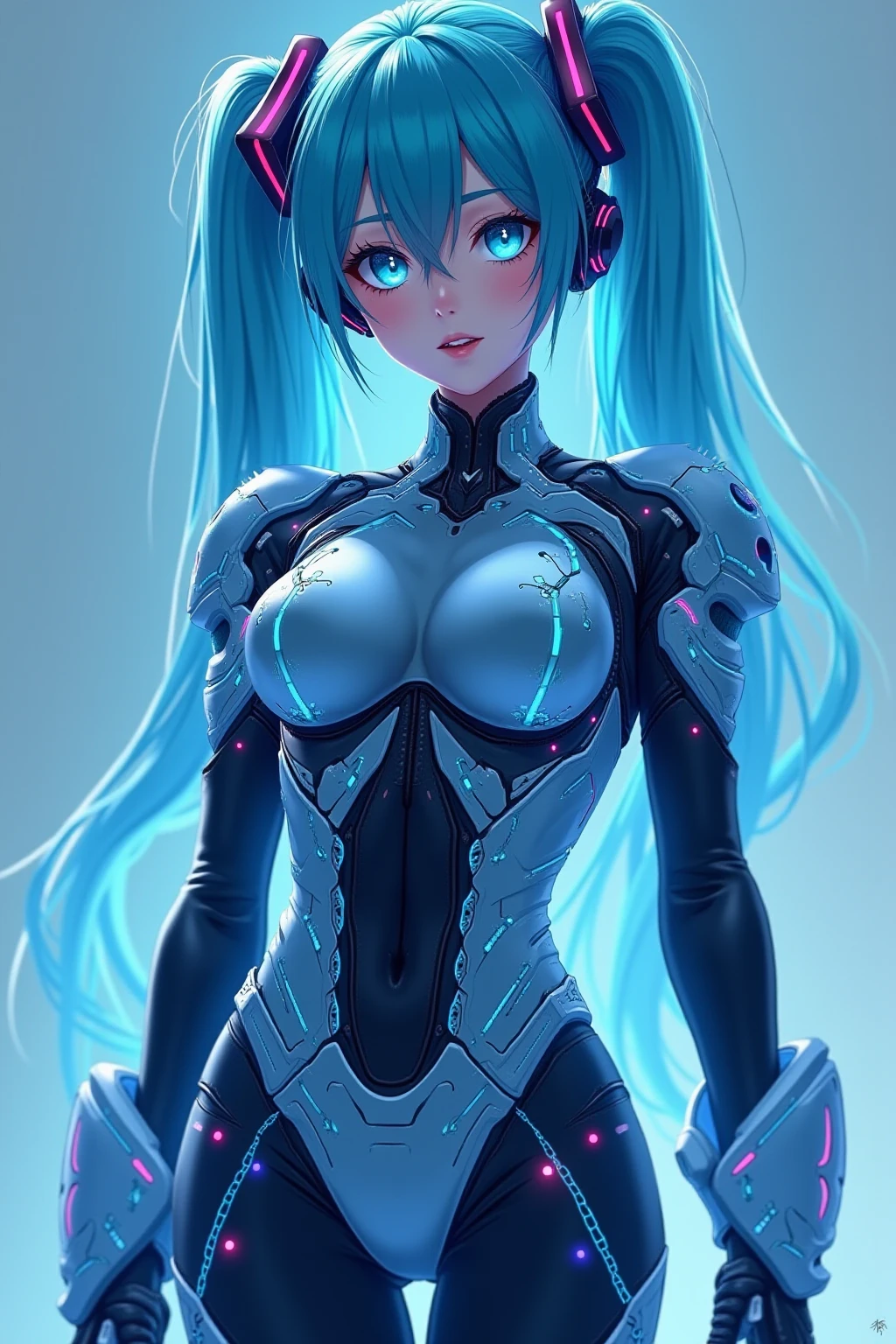 full body picture Unreal Engine 5 8K UHD of a beautiful adult girl, curvy blue hair, wearing futuristic black tight battle suit, futuristic half face mask, cobalt and navy light details, happy face, best quality, masterpiece