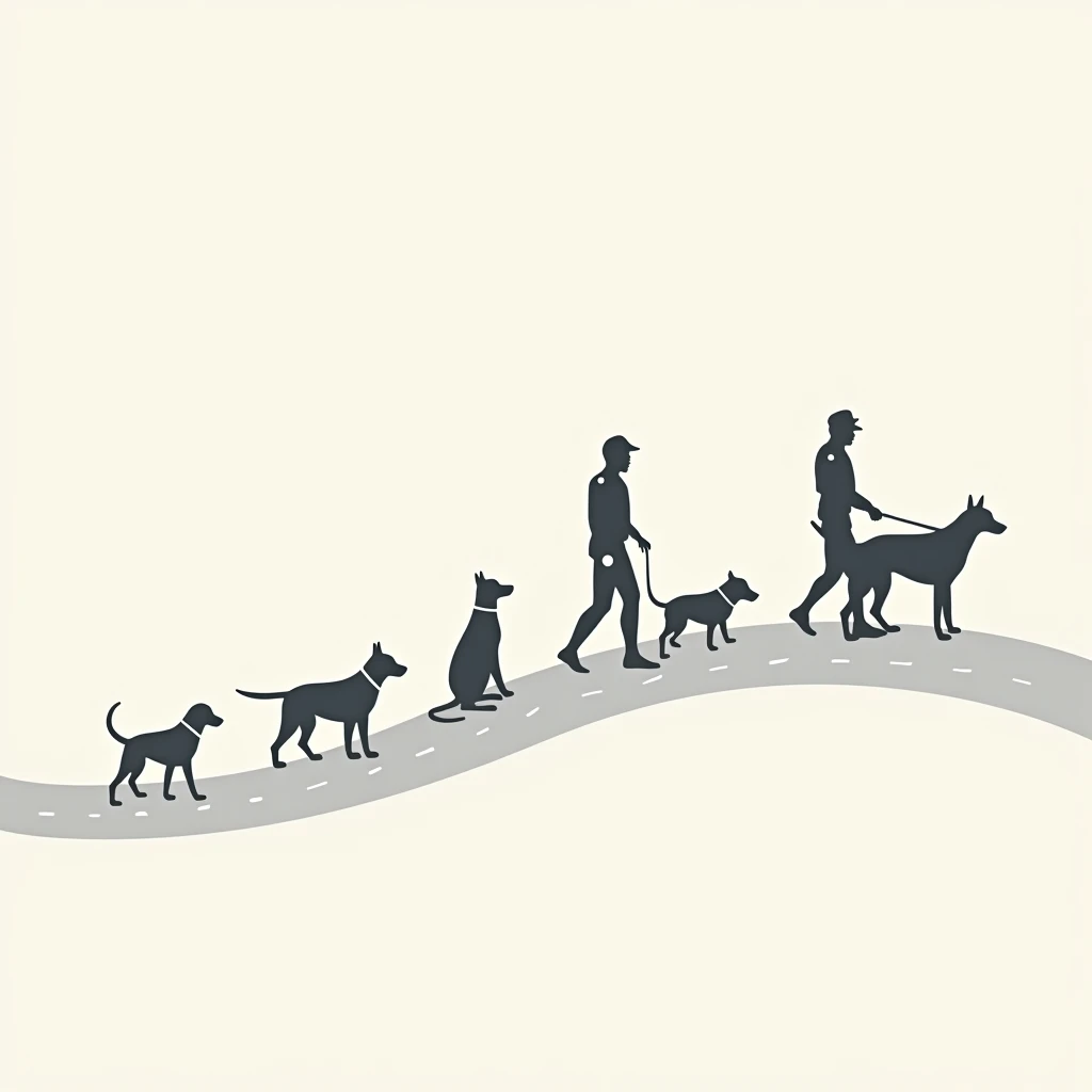 Create a minimalistic, abstract vector graphic illustrating the evolution of both K9 dogs and police officers from the beginning to their graduation stage, focusing on the metaphor of the 'Ruta Tuyupan' as a continuous journey. The design should be split into 3 stages:
Beginning (Cachorro / Novato):
Use simple, geometric silhouettes of a puppy and an officer with basic uniform. The puppy should be small, with softer lines, and the officer should have a basic outline, standing next to the puppy on a simple, curved path. This path should be subtle but visually suggest the start of the journey.
Middle (Desarrollo):
The dog should be shown in a more upright, stronger form, with clearer details of its training (e.g., collar or harness). The officer should have a more defined silhouette, showing teamwork with the dog—perhaps the officer holding a leash or in a stance indicating active training. This stage should still be simplified but convey progress.
End (Graduación / Profesional):
The dog should appear confident and mature, with minimal detailing such as a simple silhouette of the dog in an advanced training pose (e.g., sitting, standing strong). The officer should have a formal, minimalistic police uniform, standing tall, with their trained dog beside them.
The path (representing the 'Ruta Tuyupan') should smoothly flow through all three stages, curving gently and visually representing the journey of growth and connection.
Use a gradual color gradient from soft, neutral colors (at the start) to darker, more defined tones (at the end) to symbolize progression.
Keep the background simple and clean, with abstract hints of nature or environmental connection (e.g., minimal lines or color blocks representing landscapes or natural elements like trees).
The overall style should be clean, modern, and abstract, focusing on clear symbolism with minimal details for easy understanding.