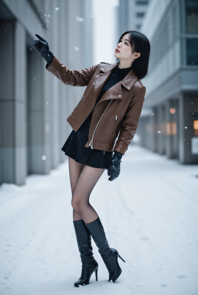 A slender Japanese woman in her twenties with porcelain-white skin stands amid a swirling snowstorm, gazing upward toward the snow-filled sky and extending one hand as if to catch the flakes. Her black hair, neatly combed, complements her brown leather jacket, black mini skirt, fishnet tights, and black knee-high stiletto boots. Behind her, a softly blurred backdrop of modern buildings and glass storefronts sets the scene. Shot with a full-frame DSLR at 50mm and f/1.8, this portrait emphasizes photorealistic textures, capturing each strand of hair and the fine details of her skin.