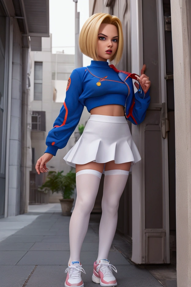 a highly detailed portrait of android 18 from dragonball z, wearing a tight mini skirt, white pantyhose and sneakers, in a seductive pose, standing in a small city, with perfect breasts, being grabbed by a young girl wearing sexy clothing, ultra-detailed, 8k, photorealistic, dramatic lighting, cinematic composition, vibrant colors, intricate details, smooth shading