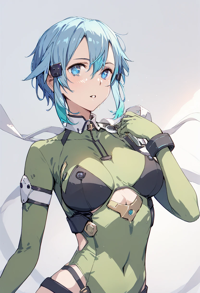 pt，1Girl，sinon， shiny bodysuit，GGO style， anime style， light blue hair